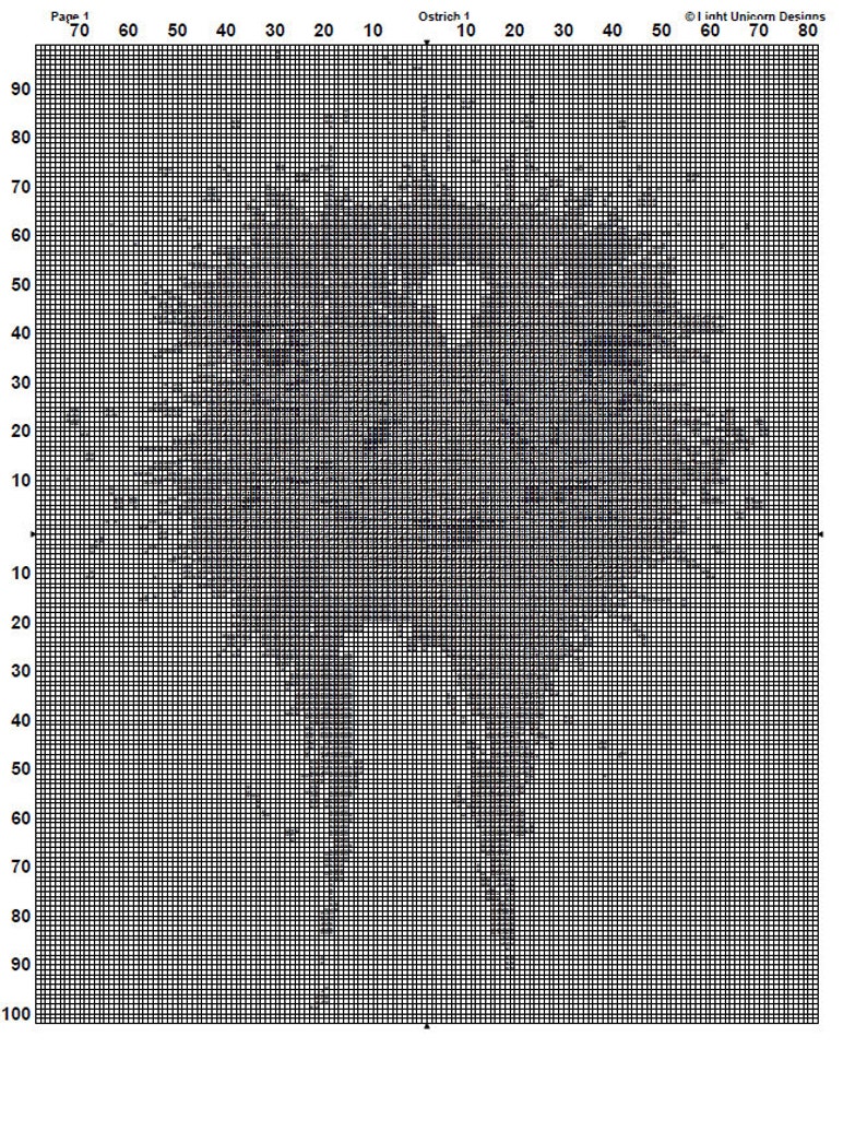 May include: A black and white cross-stitch pattern depicting an ostrich. The image is a grid-based design with the text "Ostrich 1" and "Page 1". The design is set against a white background, with the text "light Unicorn Designs" visible.