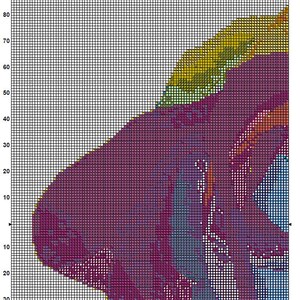 May include: A cross stitch pattern for a rainbow rose. The pattern is on a grid with numbers and lines to indicate the placement of the stitches. The rose is in shades of pink, red, orange, yellow, green, and blue.