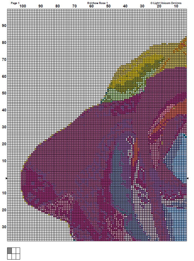May include: A cross stitch pattern for a rainbow rose. The pattern is on a grid with numbers and lines to indicate the placement of the stitches. The rose is in shades of pink, red, orange, yellow, green, and blue.