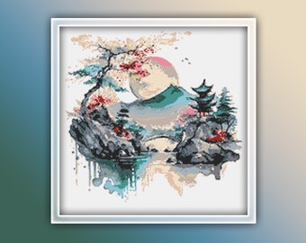 Japanese Landscape Cross Stitch Pattern 14 Instant PDF Download - Cherry Blossom Tree Watercolor Cross Stitch Pattern - Japan Cross Stitch
