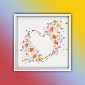Dahlia and Peony Heart Wreath Cross Stitch Pattern Instant Download Instant PDF Download | Flowers Watercolor Pattern | Peonies | Dahlias