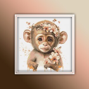Monkey Cross Stitch Pattern 3 Instant PDF Download - Monkey Watercolor Cross Stitch Pattern - Animal Cross Stitch Pattern