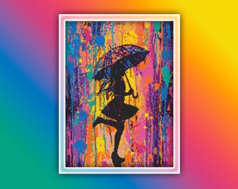 Chica bajo un paraguas Patrón de punto de cruz 1 Descarga instantánea en PDF - Niña corriendo jugando bajo la lluvia con un paraguas acuarela