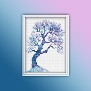 May include: A blue and purple watercolor painting of a stylized tree with a white background. The tree has a thick trunk and branches that spread out in a graceful arc. The leaves are a mix of blue, purple, and white.