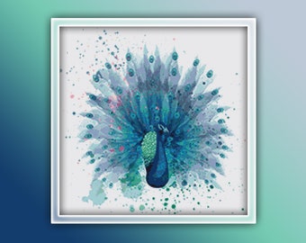 Peacock Cross Stitch Pattern 10 Instant PDF Download - Peacock Watercolor Cross Stitch Pattern - Bird Cross Stitch Pattern
