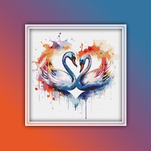 Swans Heart Cross Stitch Pattern 2 Instant PDF Download - Swan Watercolor Cross Stitch Pattern - Bird Cross Stitch Pattern