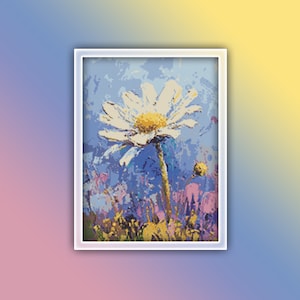 Könnte beinhalten: Ein gerahmtes Kunstwerk mit einer Nahaufnahme einer Gänseblümchen. Das Gänseblümchen hat weiße Blütenblätter und eine gelbe Mitte, vor einem blauen und violetten Hintergrund. Das Kunstwerk befindet sich in einem weißen Rahmen mit einem Farbverlauf.