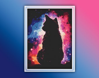 Pode incluir: Uma silhueta de gato preto contra um fundo de galáxia colorido. A galáxia é uma mistura de tons rosa, azul e roxo com estrelas brancas.