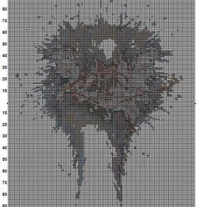 May include: A cross-stitch pattern chart depicting an ostrich. The design uses a grid with shades of brown, grey, and blue. The chart includes the text "Ostrich 1" and "Page 1". The design is by Iinht Unicorn Desinns.