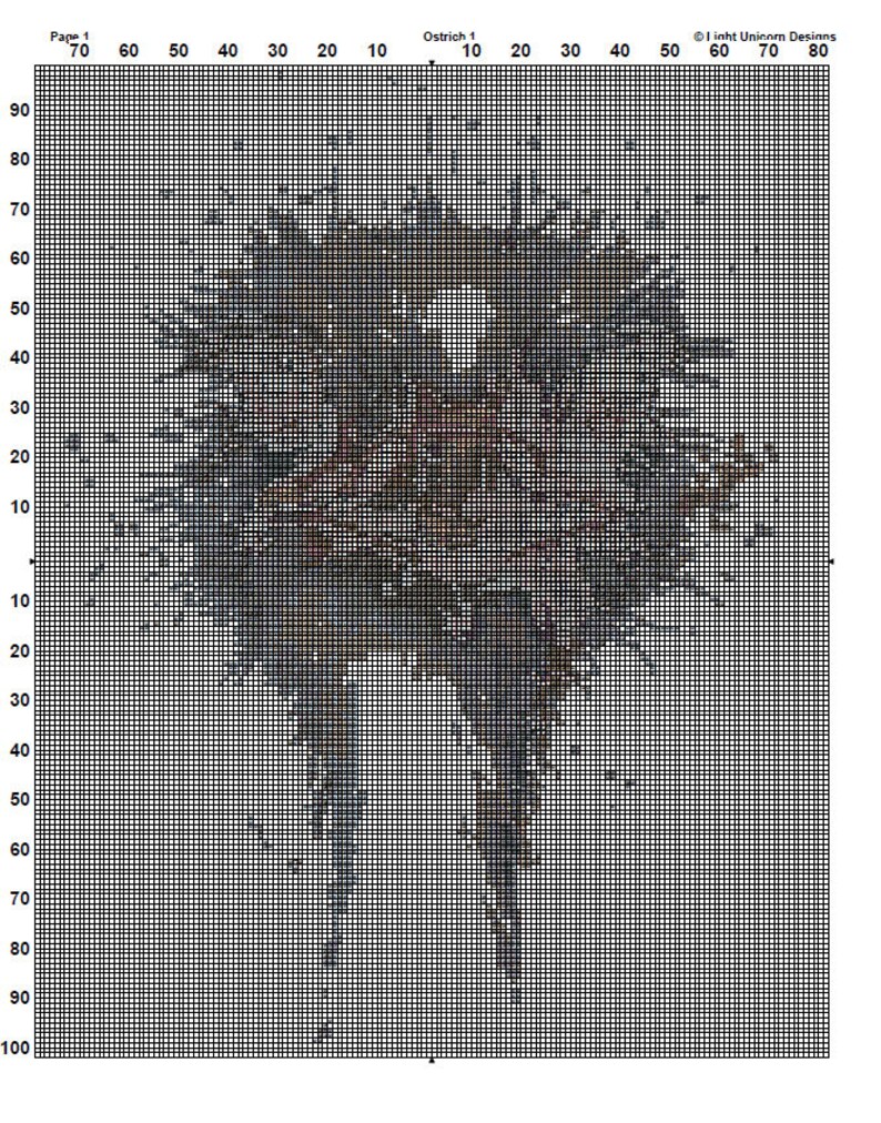 May include: A cross-stitch pattern chart depicting an ostrich. The design uses a grid with shades of brown, grey, and blue. The chart includes the text "Ostrich 1" and "Page 1". The design is by Iinht Unicorn Desinns.