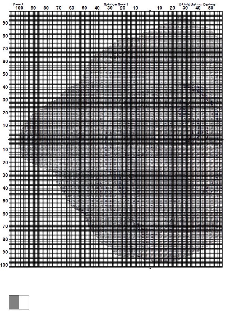May include: A black and white pixel art pattern of a rose, with the text "Rainbow Rose 1" at the top of the image.