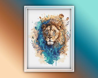 Lion Cross Stitch Pattern 24 Instant PDF Download - Lion Watercolor Cross Stitch Pattern - Animal Cross Stitch Pattern