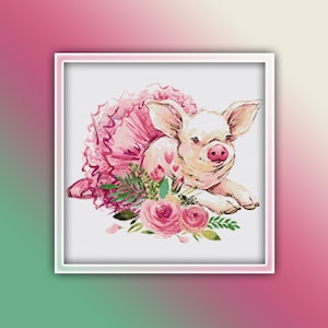 Pig Cross Stitch Pattern 3 Instant PDF Download - Potbelly Pig Watercolor Cross Stitch Pattern - Ballerina Cross Stitch Pattern