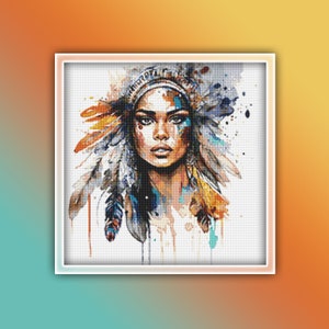 Native Indian Woman Cross Stitch Pattern 2 Instant PDF Download - Woman Watercolor Cross Stitch Pattern - Powerful Warrior Woman