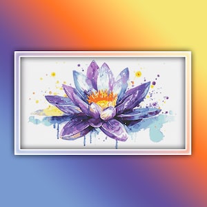 Purple Lotus Cross Stitch Pattern 1 Instant PDF Download - Lotus Flower Watercolor Cross Stitch Pattern