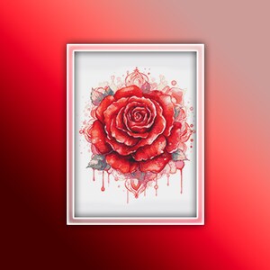 K&ouml;nnte beinhalten: Eine rote Rose mit Aquarell-Effekt, umgeben von einem zarten wei&szlig;en Mandala-Design. Die Rose tropft mit roter Farbe und erzeugt einen dramatischen und romantischen Effekt.
