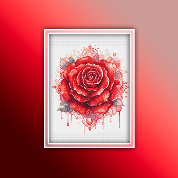 Red Rose Cross Stitch Pattern 8 Instant PDF Download - Rose Watercolor Cross Stitch Pattern - Single Red Rose