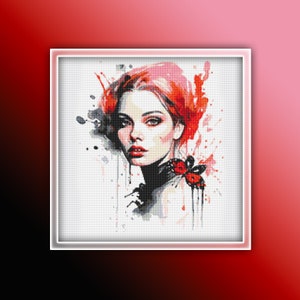 May include: A digital painting of a woman with red hair and a butterfly on her shoulder. The painting is done in a watercolour style with splashes of red, black, and white.