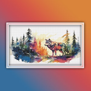May include: A watercolour painting of a wolf standing in a forest. The wolf is grey and brown, and the forest is a mix of green, blue, and purple.