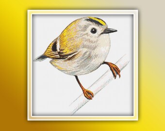 Goldcrest Bird Cross Stitch Pattern Instant PDF Download - Bird Watercolor Cross Stitch Pattern - Yellow Bird Cross Stitch Pattern