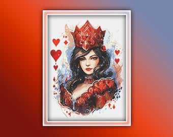 May include: A digital painting of a woman with long dark hair wearing a red crown and a red dress. She is surrounded by playing cards with hearts on them.