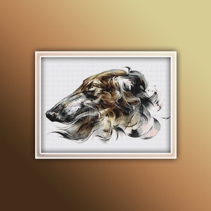 May include: A stylized illustration of a dog's head in shades of brown, black, and white. The dog's fur is depicted as flowing lines and swirls, creating a dynamic and abstract effect.