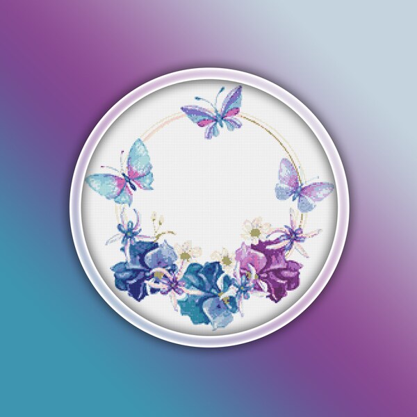 Butterfly Wreath Cross Stitch Pattern 8 Instant PDF Download | Butterfly Watercolor Cross Stitch Pattern | Blue Butterfly with Flowers |