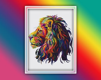 Rainbow Lion Cross Stitch Pattern 1 Instant PDF Download - Lion Watercolor Cross Stitch Pattern - Animal Cross Stitch Pattern