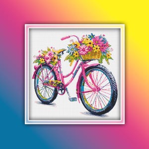 Patrón de punto de cruz de bicicleta 4 Descarga instantánea en PDF - Patrón de punto de cruz de acuarela de bicicleta con flores - Andar en bicicleta