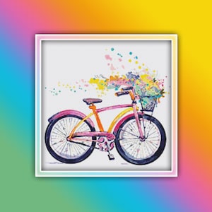 Patrón de punto de cruz de bicicleta 1 Descarga instantánea en PDF - Patrón de punto de cruz de acuarela de bicicleta de flores