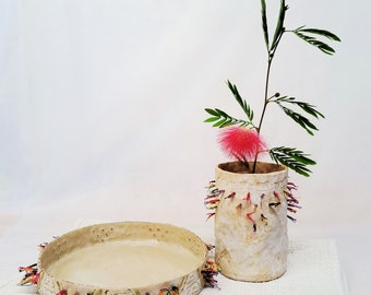 Textured Pottery Set: Bowl & Vase with Vibrant String Accents