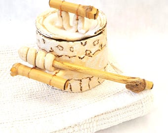 Small Earthy Rustic Ceramic Honey Pot: Bamboo Handle with Wooden Dipper