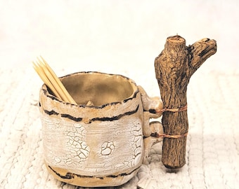 Ethnic Ceramic Toothpick Holder with Natural Branch Handle, Unique Tribal Gift for Kitchen