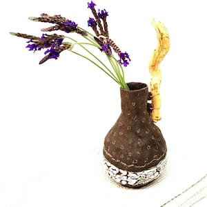 African Inspired Ceramic Bottle Vase, Earthy Pottery with Natural Branch Handle