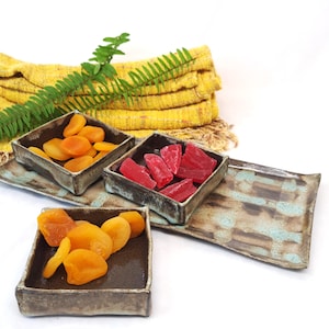 Puede incluir: Una bandeja de cerámica con tres cuencos cuadrados llenos de albaricoques secos y fruta roja. La bandeja tiene un esmalte marrón y azul. Una toalla amarilla y un helecho verde están en el fondo.