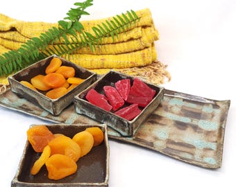 Earthy Handmade Serving Set: Ceramic Platter with Unique Three Square Bowls