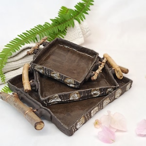 Handmade Ceramic Tray Set with Wood Handles, Unconventional Serving Platter