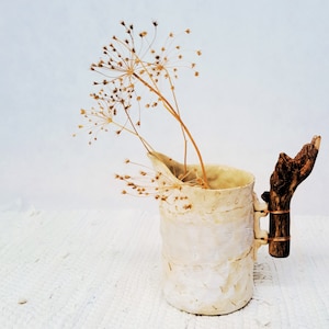 Rustic Ceramic Pitcher Vase with Natural Branch Handle, Unique Home or Office Decor
