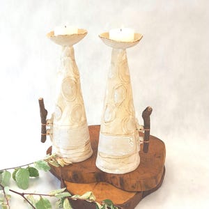 Contemporary Ceramic Candlestick with Natural Branch Handle, Shabbat Candle Holder