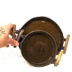 African Inspired Ceramic Round Dishes, Earthy Serving Bowls with Branch Handles