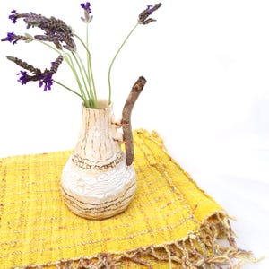 Ancient Inspired Ceramic Bottle Vase, Eclectic Pottery with Natural Branch Handle