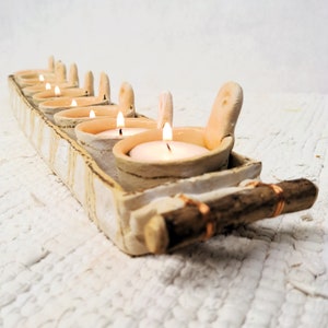 Handmade Tribal Ceramic Hanukkah Menorah with Wood Handles: Israeli Art