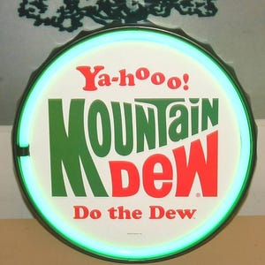 Mountain Dew LED Sign: Green Bottle Cap, Neon-Style Advertising
