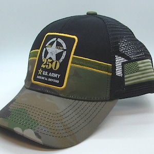 250 Years Active Service US Army 1775-2025 Embroidered Summer Mesh Backed Ball Cap Black With BDU Bill Adjustable.