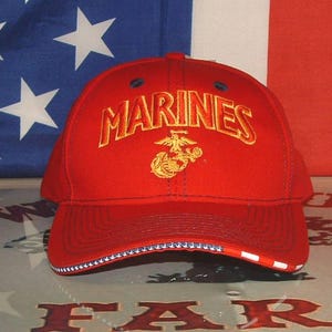 Marine Corps Military Licensed Proudly US Made Over Stitch Red/Gold Ball Cap.