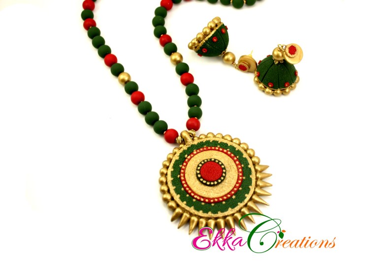 Indian jewelryKerala neck setcream and antique gold neck setjhumka earringTerracotta neck setpolymer clay jewelrybollywood jewelry