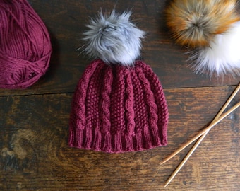 Moss Stitch & Cable Knit Hat Knitting Pattern - Seed Stitch and Cable Pompom Hat Knitting Pattern