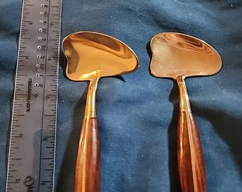 2 Vintage Brass & Teak Condiment Spoons 3.25&quot;