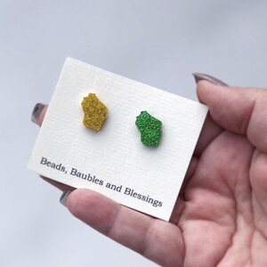 Glitter Wisconsin Earrings: Green Bay Colors, Sensitive Ears