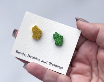 Glitter Wisconsin Earrings: Green Bay Colors, Sensitive Ears